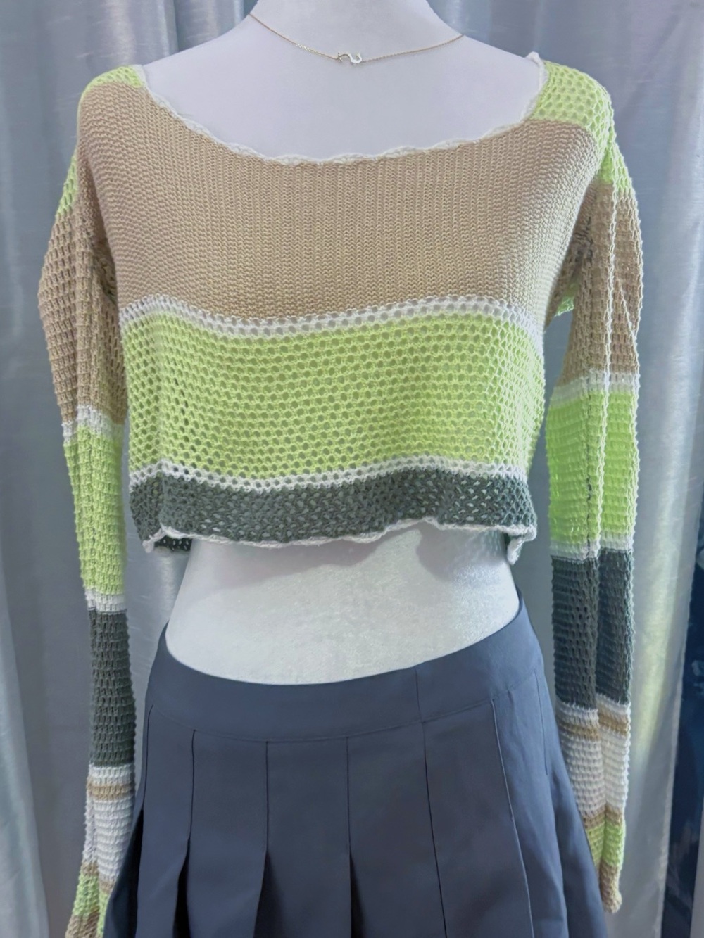 Forever 21 Striped Cropped Knit Sweater in Beige, Lime & Gray